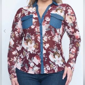 NWT Zenobia Plus Size Mesh Burgundy Floral Button down Top with Denim collar Y2K